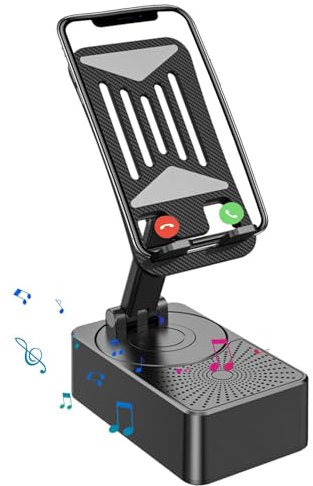 Phone Stand with Speaker, Mobile Phone Holder, 360 Degree Rotating Phone Holder with 9D Surround Sound, Non-Slip Base and 10-Hour Battery Holder for Home and Outdoor, 15.5 x 11 x 6.5 cm
