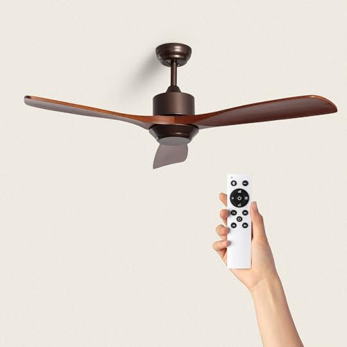 TECHBREY - Ventilatore da Soffitto Silenzioso | Motore DC 132cm | 6 Velocità | Funzione Estate/Inverno | Telecomando Incluso, Legno Scuro, Senza Luce, Materiale: Legno