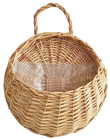 Macetero alto exterior para valla de pared, cesta de ratán hecha a mano, cesta de mimbre hecha a mano, cesta de mimbre de ratán para colgar macetas, decoración de jardín, interior y (beige, talla