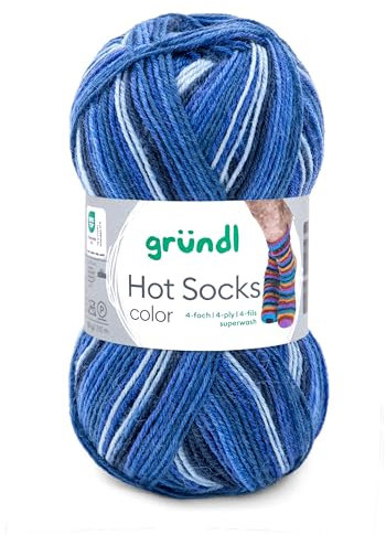 Gründl Hot Socks Color, Sockenwolle mit Farbverlauf blau, Strumpfwolle 4-fach, 4-fädig, Sockengarn, 50g | 75% Wolle, 25% Polyamid (407)