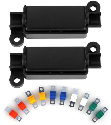 RUCUDIM 2pc Midi Fuse Holders & 10pc 30/40/60/80/100Amp 32V Automobile Fuse Bolt-on for Marine, Construction, Agricultural DC Motors & Car Audio