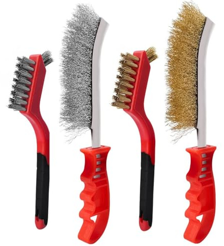 4 Pieces Wire Brush Set，Stainless Steel and Brass Wire Brushes, Wire Brushes for Rust, Dirt, Paint Scrubbing, Cleaning (2 Large, 2 Small)