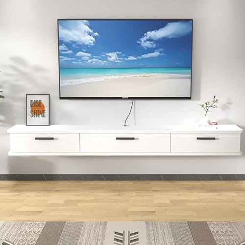Simple Meuble TV Flottant avec tiroirs,meuble tv suspendu pour Salon, Suspendu Meuble de Rangement en Bois ,Meuble TV Suspendu en Bois avec tiroir avec Rangement,salon, chambre, hôtel(Beige+white door