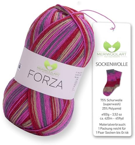 MeriWoolArt® Sockenwolle 4-fädig – 100g Merino Wolle Garn zum Stricken & Häkeln, 75% Schurwolle (superwash), 25% Polyamid, 420m – Ideal für Socken für Herren und Damen, Pullover & Cardigans 2510