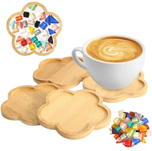 Bambus Untersetzer Set - 4 Stück Mosaik DIY Bastelset für Trinkbecher und Kerze mit Mosaik Steine