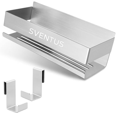 SVENTUS Estantería Baño sin Taladro + Dos Ganchos de Alta Resistencia - Organizador Ducha Adhesivo – Baldas Pared sin Agujeros – Accesorios Modernos para Organizar y Decorar Estanterías (Plateado)
