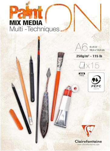 Clairefontaine 960060C - Zeichenblock Malblock PaintON Blanc, DIN A6, kopfseitig geleimt, 15 Blatt, 250g, geeignet für Mixed Media, weiß, 1 Stück