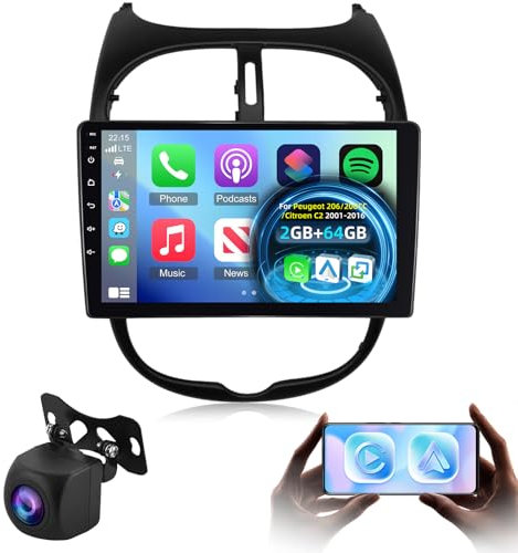 2G+64G Android Autoradio pour Peugeot 206/206CC/Citroen C2 2001-2016, Radio Bluetooth à Écran Tactile 9 Pouces avec Wireless Carplay & Android Auto/WiFi/GPS/EQ/FM RDS Radio+Caméra de Recul +Mic