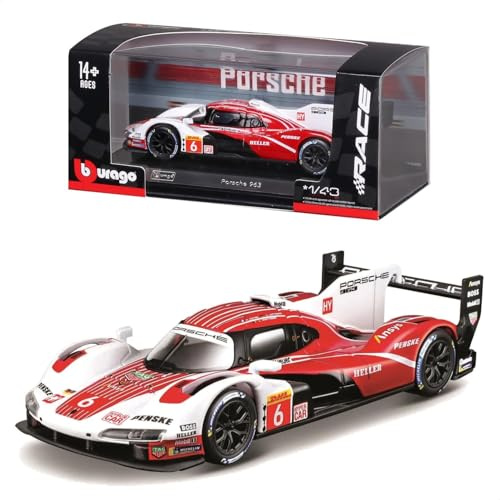 Bburago – Porsche 963#6 mit Vitrine im Maßstab 1:43, weiß-rotes Diecast-Modell, detailgetreue Endurance-Racing-Replik, offizielle Porsche-Lizenz, empfohlenes Alter 14+ Jahre
