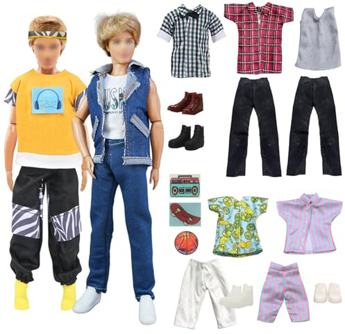 Carreuty 12 Kleidung Zubehör Kompatibel mit Ken, 1 Blauer Jeansanzug 1 Gelbes Sweatshirt mit Motive 2 Karierte Kurzarmhosen 2 Hosen 2 Kurzarmhosen 2 Shorts 6 Schuhe für 12 Zoll Puppen Geschenk