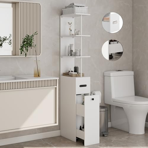 YU YUSING Meuble Colonne Salle de Bain Étroite 23cm avec 2 Tiroirs et roulettes, Étagère de Rangement, Armoire Haute sur Pied, 3 Compartiments Ouverts, Petit Meuble Toilette WC (H167cm),Blanc