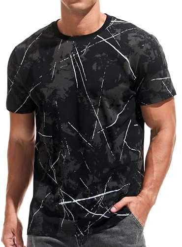 USALL Herren Sommer DruckT-Shirt 95% Baumwolle Casual Atmungsaktives Männer T-Shirt Kurzarm(09 Black XXL)