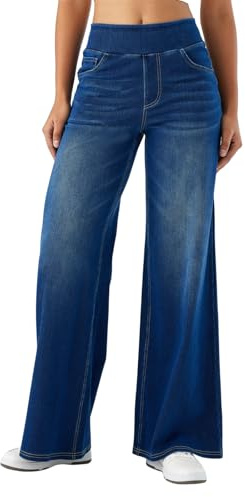 SotRong High Elastic Waisted Baggy Wide Leg Pull On Jeans with Multiple Pockets Tummy Control Straight Leg Casual Loose Stretchy Curve Plazzo Denim Pants