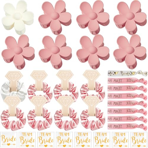 Joycabin 32 Stück JGA Accessoires Frauen, Team Braut Haargummi, 8 Jga Blumen Haarklammern + 8 JGA Haarband + 8 Braut Armband und 8 Aufkleber für Hochzeit Junggesellenabschied Deko (Rosa)