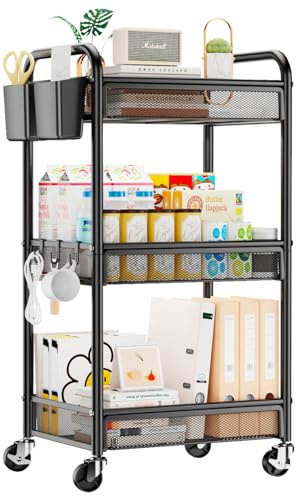 YASONIC 3 Tier Rolling Cart – Metal Utility Storage Carts with Wheels, Craft Cart Organizer with Hanging Cups, Hooks, Mesh Basket for Bedside Kitchen Office Art, Black