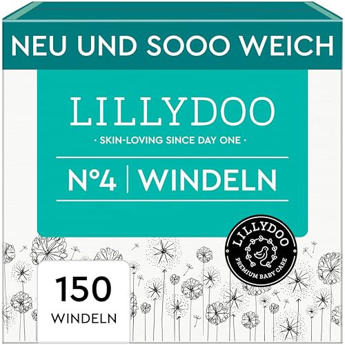 LILLYDOO hautfreundliche Baby Windeln - Größe 4 (9-14 kg), Monatsbox (150 Stück), Sicherer Auslaufschutz, Weich, Ohne Parfüme & Lotionen für empfindliche Haut, Dermatologisch getestet