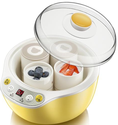 Wasd3Pods Yaourtière Numérique 20w avec 4 Pots - Machine électrique, Compacte, en Acier Inoxydable avec Affichage LED Et Minuterie, Récipients en Verre De 1000ml / Pots De Yaourt