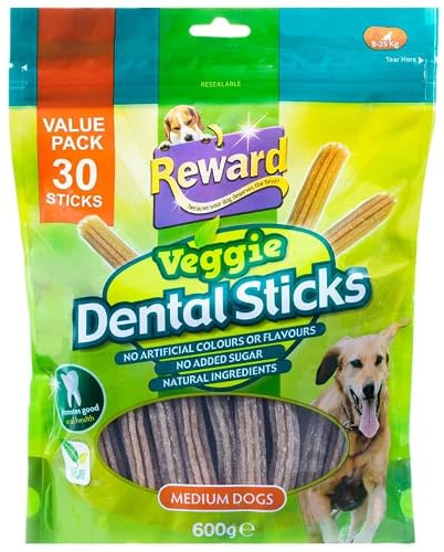 Reward Veggie Dental Sticks for Dogs | Natural Ingredients | No Artificial Colors or Flavors | No Added Sugar | Supports Oral Health | 30 Pack| 600g