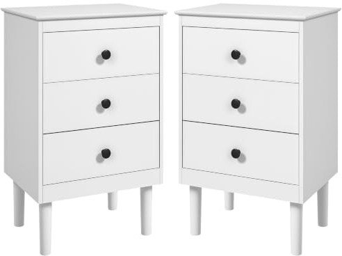 HOMCOM Bedside Table with 3 Drawers Set of 2 40 x 30 x 64 cm White | Modern Side Table, Nightstand for Bedroom