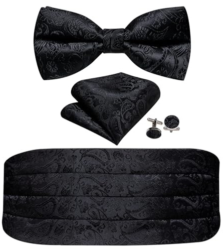 Barry.Wang Cummerbund Bow Tie Set for Men, Silk Cummerbund Pretied Bow Tie Pocket Square Cufflinks