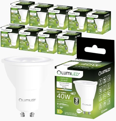 Lumiled GU10 LED Lampe 10er Set PAR16 3.4W ersetzt 40W 470Lm 4000K Neutralweiß Spot Reflektor 38° Nicht Dimmbar Energiesparend Leuchtmittel 230V für Deckenspots Deckenleuchte Wohnzimmer Schlafzimmer