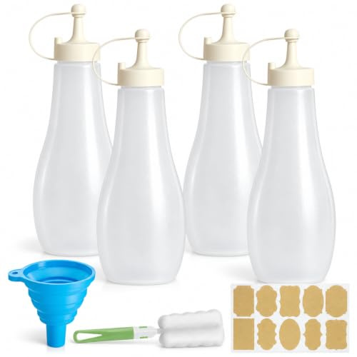 Mssushi 4 Pcs 720ml Squeeze Sauce Bottles, Leakproof | 24Oz, Reusable Dispensing Bottles with Scale, Brush, Funnel, for Ketchup, Oil