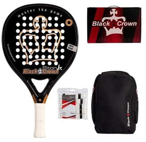 Black Crown | Pack Pala de Pádel Piton JR New | Pala Junior Ultraligera para Niños Menores de 8 Años | Incluye Mochila Focus Negra y Bolsa con 12 Overgrips Blancos | Ligera, Segura y Divertida