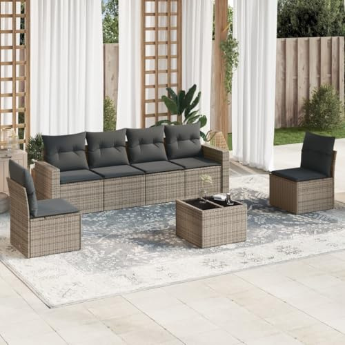 Hoopleep 7-TLG. Garten-Sofagarnitur Grau Poly Rattan, modulare Outdoor Sitzgruppe mit Stauraum, Glas-Tisch, UV-beständig für Terrasse, Balkon, Außenbereich