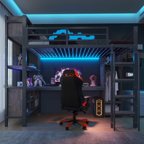 Moimhear Cama alta, escritorio, armario, estantes de almacenamiento, iluminación LED, estilo gaming, 90 x 200 cm