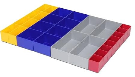 1a-TopStore 28-tlg. Schubladen-Einsatzkasten-Set, 63 mm hoch, Universal, für Schubladeninnenmaße 600 x 440 x 63 mm, aus Polystyrol, Gelb, Blau, Grau, Rot