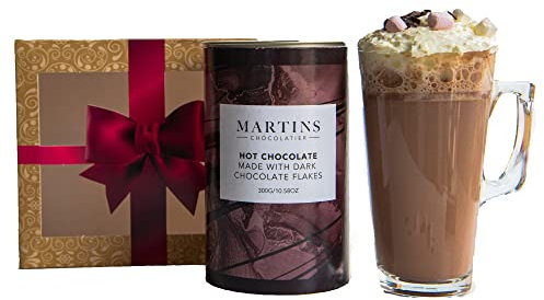 Martins Chocolatier Hot Chocolate Gift Set (Dark) | Drinking Chocolate Made with Belgian Chocolate Shavings | Includes Glass and Marshmallows