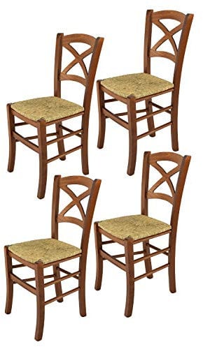 t m c s Tommychairs - Set 4 chaises Cross pour Cuisine, Bar et Salle à Manger, Robuste Structure en Bois de hêtre peindré en Couleur Noyer Clair et Assise en Paille