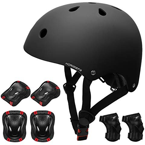 KORIMEFA Set di Protezione per Bambini, Casco Bici, Ginocchiere, Gomitiere e Protezione Polso per Bambini da 3-13 Anni, Casco per Hoverboard, Scooter, Pattini, BMX e Bicicletta (Nero, S)
