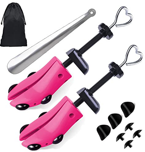 Shoe Stretcher Women, Pair of 4-way Adjustable Shoe Widener Expander to Stretch Length Width Height for Wide Feet, Tough Plastic Shoe Tree Shaper with Bonus 12 Bunion Plugs, Medium