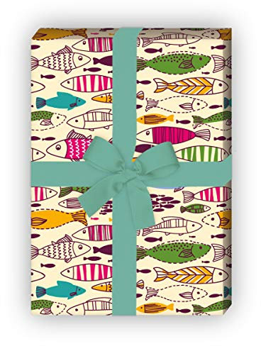 Kartenkaufrausch Kunterbuntes gelbes Geschenkpapier Set mit Doodle Fischen als maritime Geschenkverpackung um schön zu schenken, 32 x 48cm für Angler, Taucher