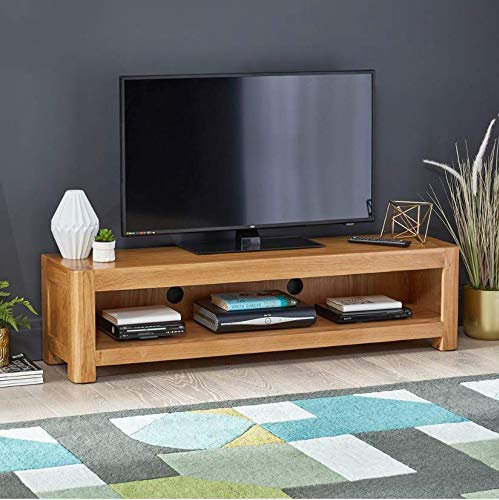 Soho Oak Open Low Widescreen TV Unit – Modern Curved Design for TVs up to 65, Natural Light Oak Finish, Softly Rounded Corners - H 350mm x W 1350mm x D 350mm
