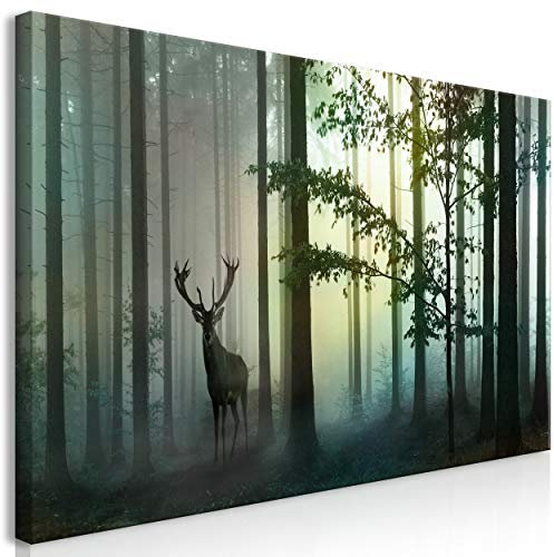 decomonkey | Mega XXXL Bilder Wald Hirsch | Wandbild Leinwand 160x80 cm Selbstmontage DIY Einteiliger XXL Kunstdruck zum aufhängen | Natur Tier