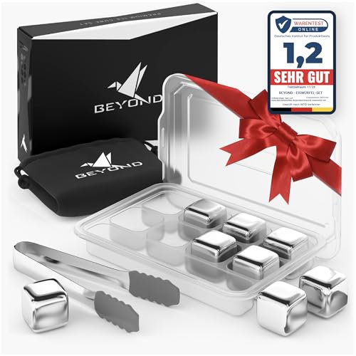 Beyond Whisky Steine Edelstahl im 8er Set - Whiskey Steine wiederverwendbar mit Zange im Geschenkset - Edelstahl Eiswürfel & Kühlsteine als Zubehör für Whisky, Gin und Rum