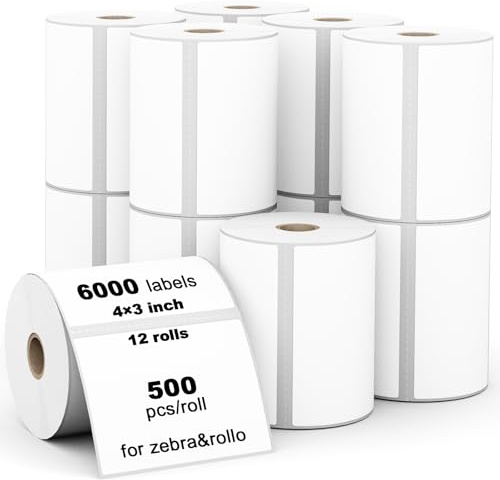 (6000 Labels 3-Proof 1 Core) Labelebal 12 Rolls 4 x 3 Direct Thermal Label (101mm x 76mm) Multipurpose Shipping Address Mailing Barcodes Stickers Compatible for Zebra & Rollo Desktop Label Printer