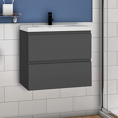 Waschtisch mit Unterschrank 60 cm Badmöbel Set mit Waschbecken Keramik dick Gäste WC Anthrazit Matt