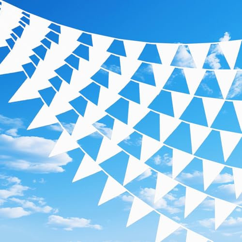 10m Wimpelkette Stoff Weiss mit 40 Pcs Wimpeln, Girlande Wimpelkette Weiß, wimpelkette Outdoor Weiss Deko für Geburtstags,Party,Hochzeit