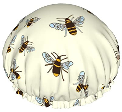 Honey Bee Print Shower Cap For Women Reusable Double-Layer Fabric Shower Caps Girls Hair Caps