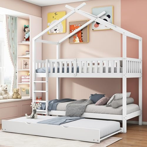 FEZTOY Weiß Etagenbett für Kinder 90x200cm, Hochbett Kinderbett, Jugendbet, Stockbett für 3 Kinder mit Lattenrost, 3 Personen Doppelbett Hausbett