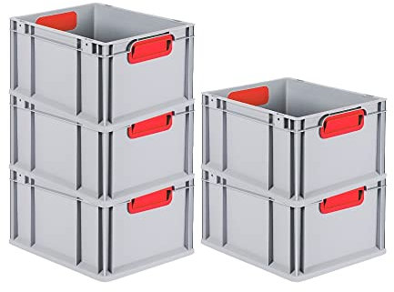 PROREGAL SuperSparSet 5x Eurobox NextGen Color | HxBxT 22x30x40cm | 20 Liter | Griffe rot geschlossen | Glatter Boden | Eurobehälter, Transportbox, Transportbehälter, Stapelbehälter