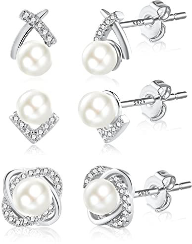 ASH'S CHOICE Pearl Earrings, 3 Pairs 925 Sterling Silver Pearl Stud Earrings , Large White Freshwater Cultured Pearl Stud Earrings Set, Hypoallergenic Bling AAA+ Cubic Zirconia Silver Pearl Studs