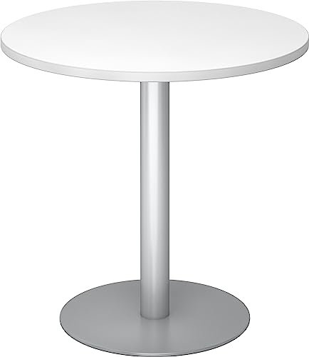 bümö Besprechungstisch, Esstisch klein, Tisch rund 80 cm - Kleiner Esstisch weiß, Rundtisch Esstisch 2 Personen mit Holz-Platte, Säule aus Metall in Silber, Konferenztisch, Bistrotisch