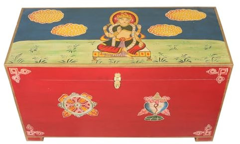 Oriental Galerie Indische Holztruhe mit bunter Buddha Malerei Schatztruhe Truhe Kiste Box Holz Indien Rot - Bunt Einzelstück 70 cm