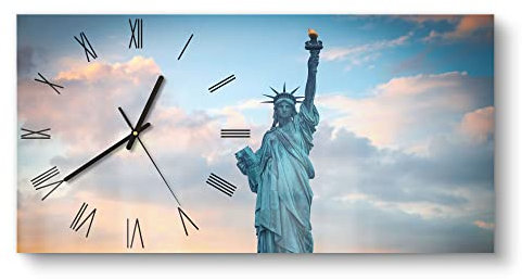 DEQORI Glasuhr | vertikal 60x30 cm | Motiv New Yorks Lady Liberty | große XXL Design Uhr aus Glas | leise Wanduhr für Wohnzimmer & Küche | Moderne Hingucker Uhr für die Wand