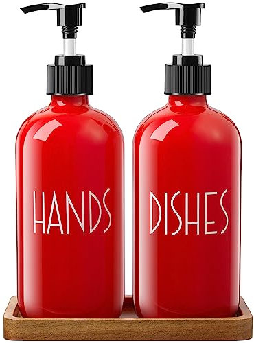ALELION Geschirrseifenspender für Küche – 473 ml Glasseifenspender mit Pumpe – Handseifenspender-Set mit Akazienholz-Tablett – Rot Küche Badezimmer Dekor und Zubehör