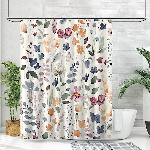 Amaredom Rideau de douche à motif floral d'encre, rideau de douche à fleurs colorées pour salle de bain, ensemble de rideau de douche en tissu imperméable, décoration de salle de bain avec 12 crochets